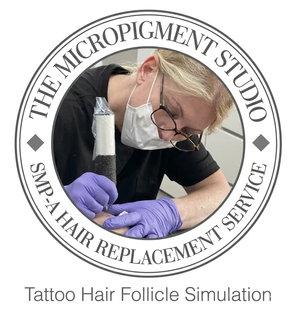 The Micropigment Studio badge with Janette at work: SMP, a hair replacement service