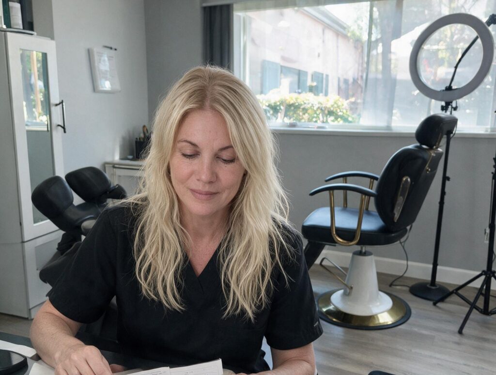 Blonde woman in black scrubs looks down at papers at a desk in a bright studio with a black treatment chair and ring light