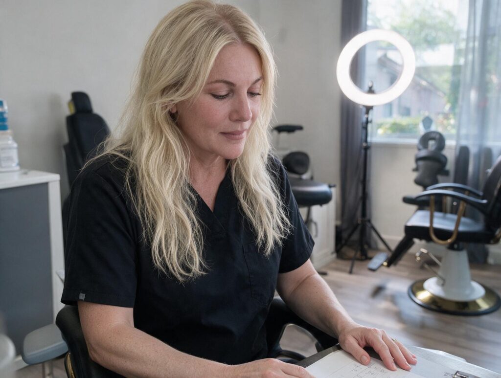 Blonde woman in black scrubs sits at a desk looking down at notes