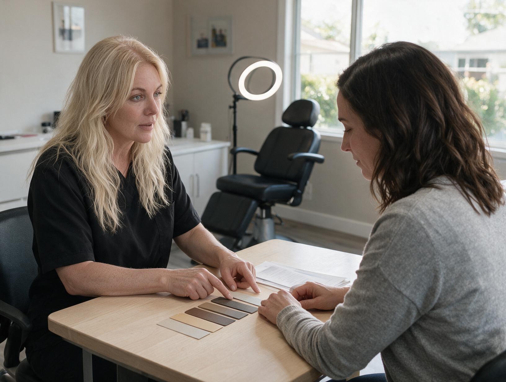 A blonde practitioner in a black top points to hair colour swatches on a table while a dark-haired client in a grey sweater
