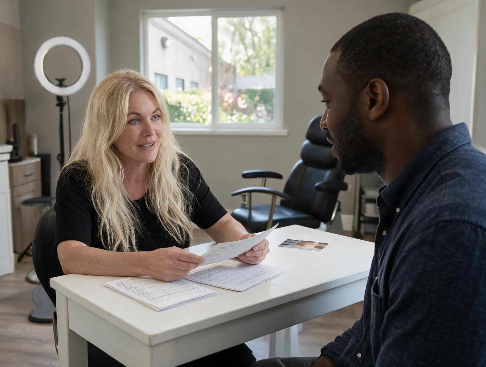 A blonde woman in a black top holds paperwork and talks with a bearded man in a navy shirt at a white table