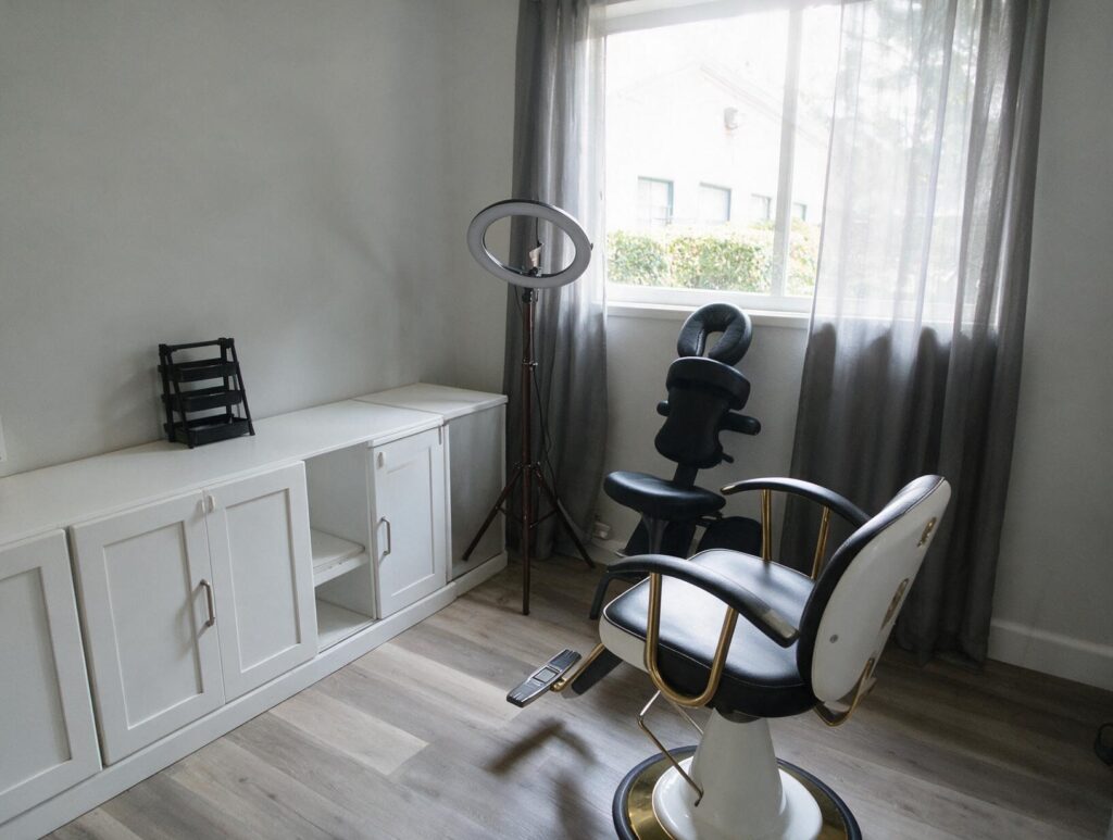 Empty treatment room with a white and black reclining chair, ring light on a tripod, massage chair