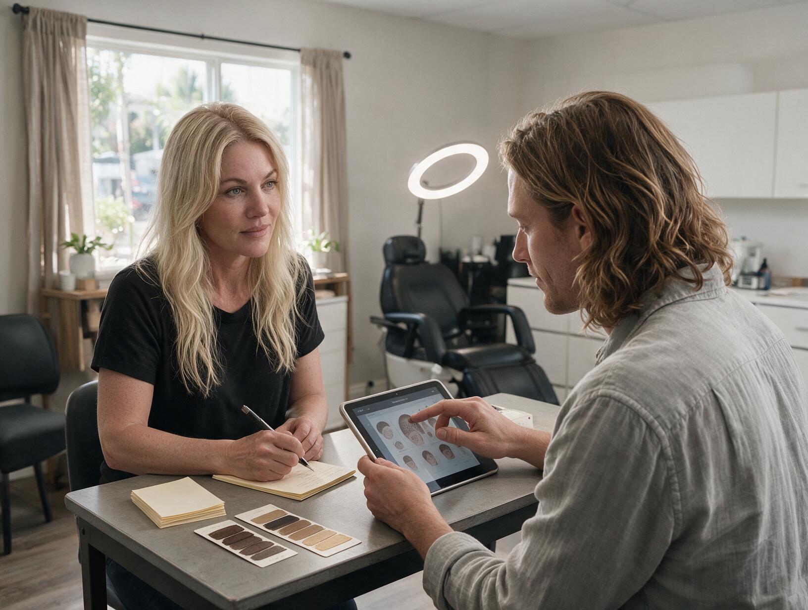 A blonde woman in a black t-shirt takes notes at a table while a long-haired man points at hair patterns on a tablet in a
