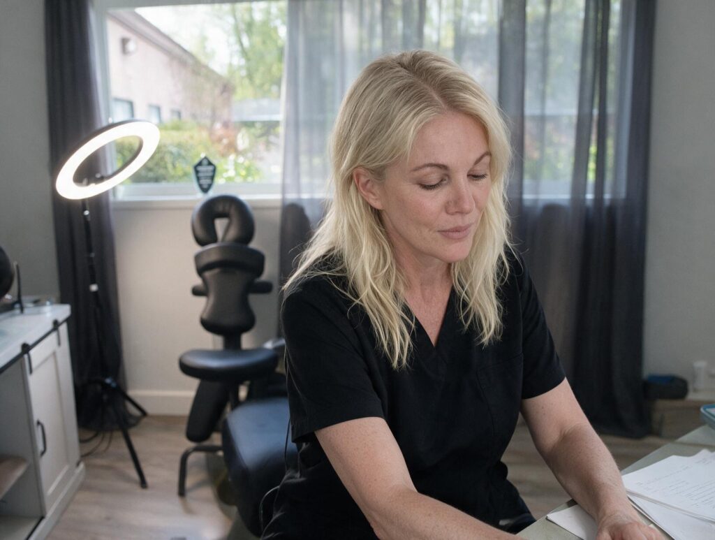 Blonde woman in black scrubs looking down at papers on a desk in a bright room with a ring light