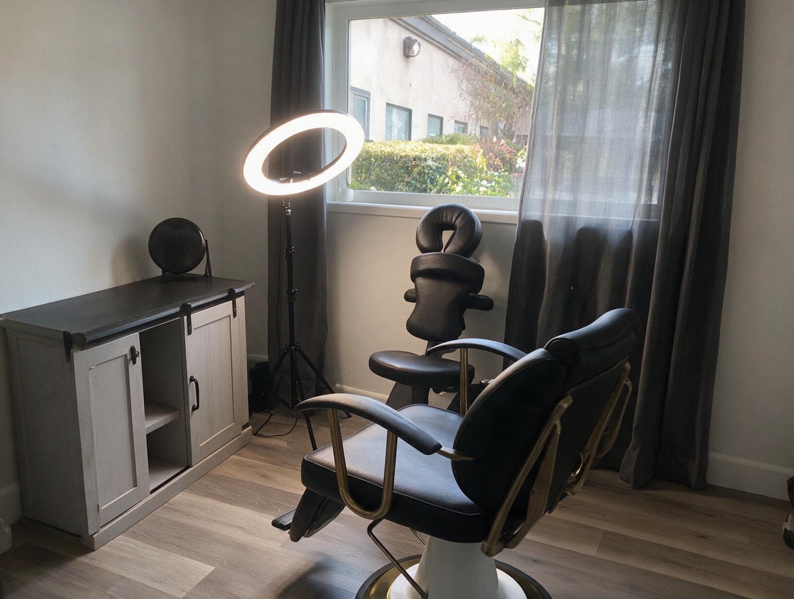 Empty treatment room with a black leather chair, ring light, face-rest chair, grey curtains, a white cabinet and a window.