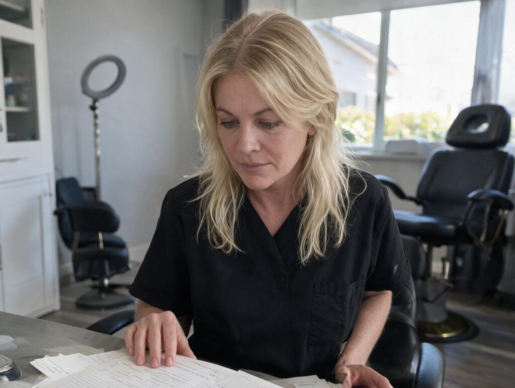 Blonde woman in a black scrub top looks down at paper notes at a desk