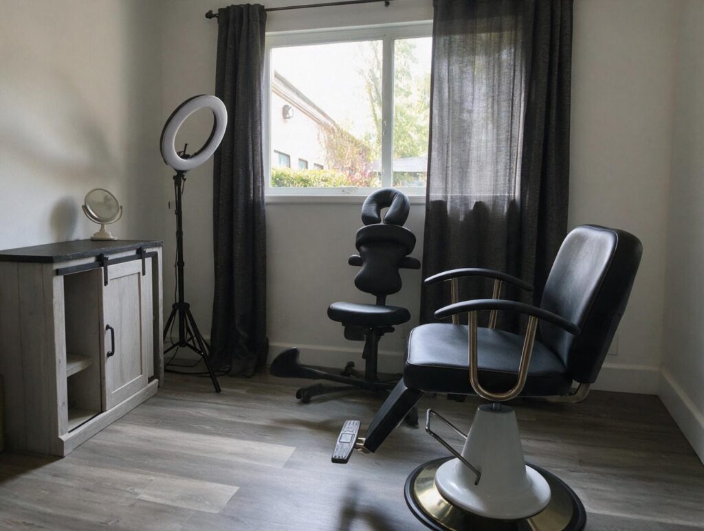 Empty treatment room with a black salon chair, massage-style face-cradle chair, ring light