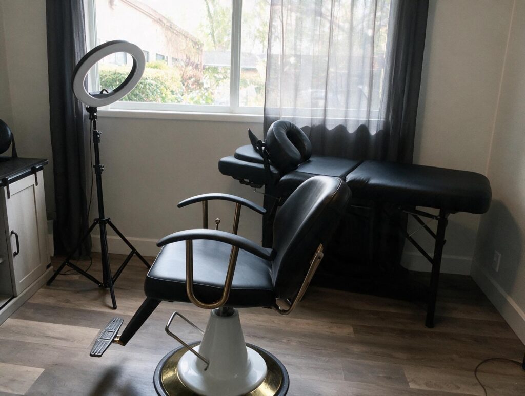Empty treatment room with a black reclining salon chair, ring light on a tripod