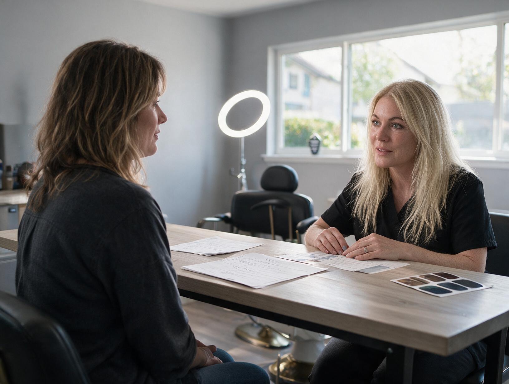 Blonde practitioner in black scrubs and a client with wavy brown hair talk across a wooden table with papers and swatches.