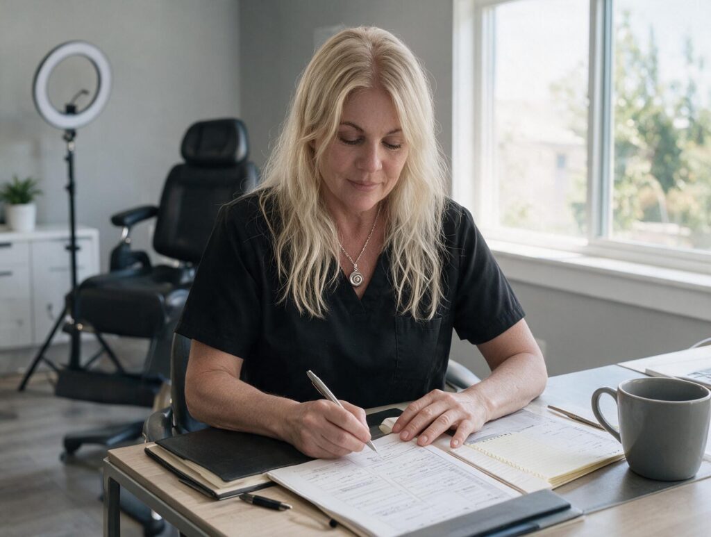 Blonde woman in a black scrub top writes on forms at a desk, with a ring light