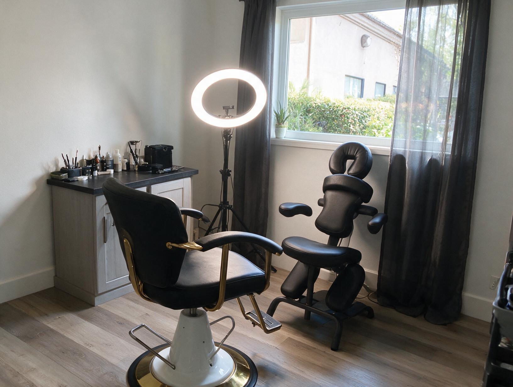 Treatment room with a black and gold swivel chair, a ring light, a black massage chair and a supply table by a window.