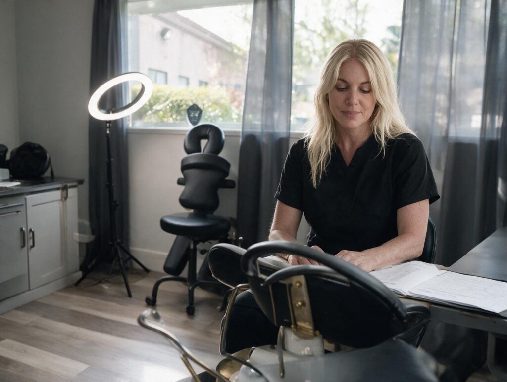 Blonde woman in a black scrub top sits at a desk in a bright treatment room