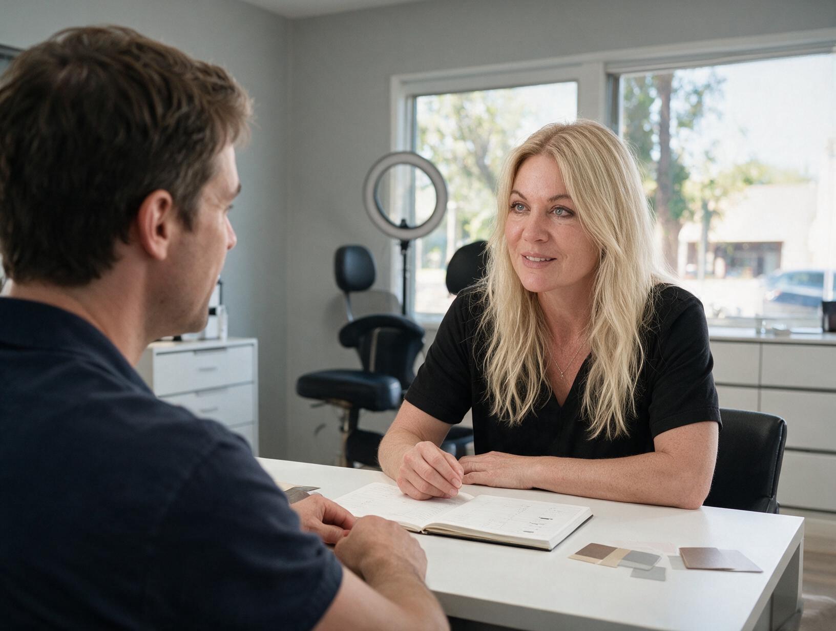 A blonde woman in a black top talks with a man seen from behind across a white table with a notebook