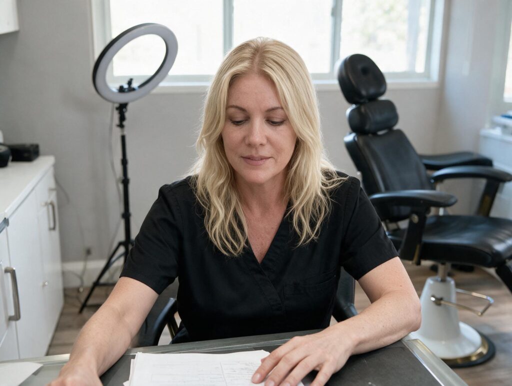 Blonde woman in black scrubs sits at a desk looking down at papers