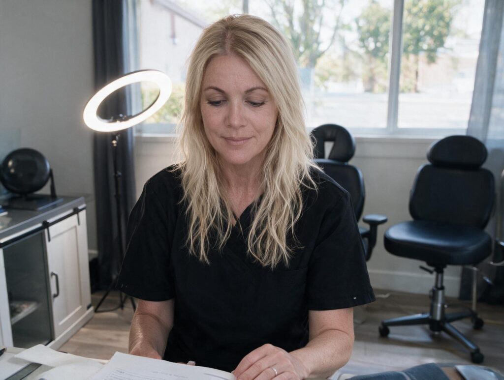 Blonde woman in a black scrub top looks down at papers at a desk in a bright room with a ring light and black chairs by a