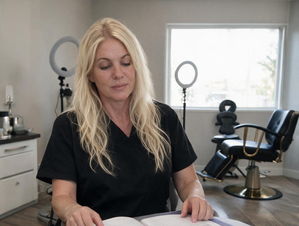 Blonde woman in a black scrub top looks down at an open notebook at a desk, with ring lights