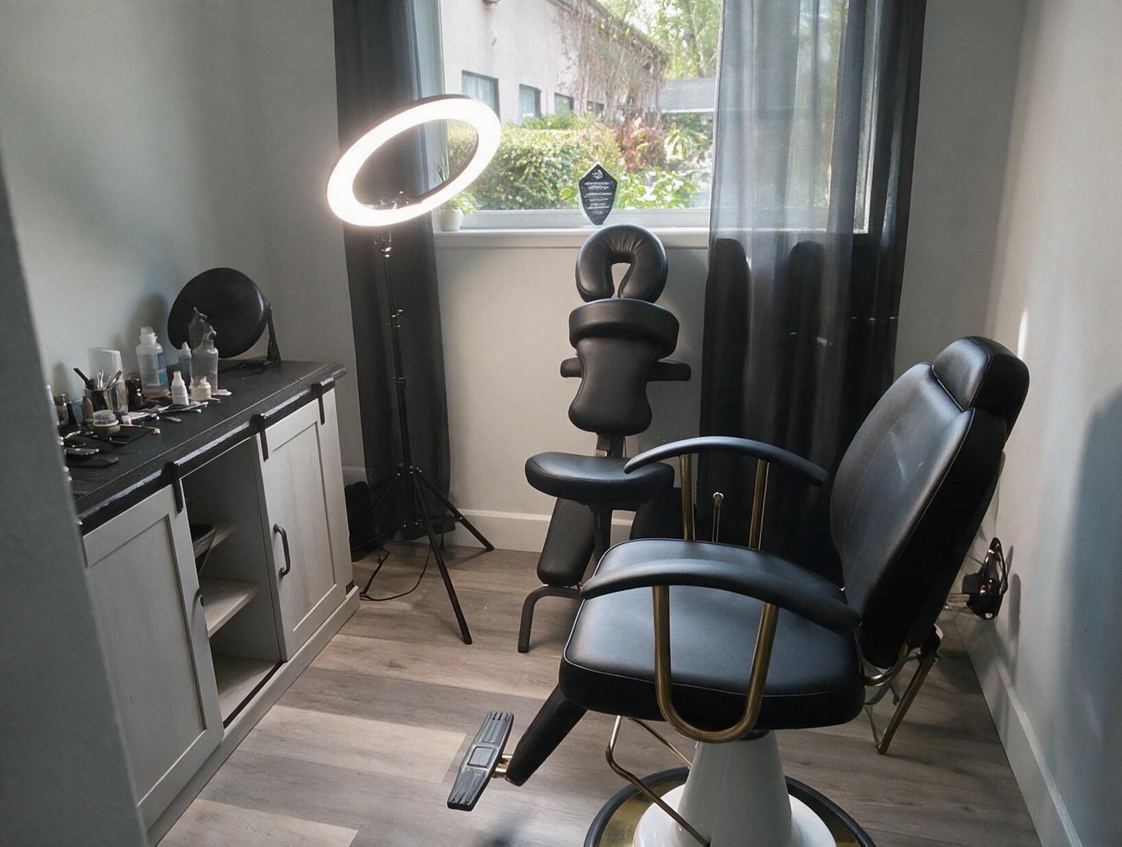 Treatment room with a black reclining chair, ring light on a tripod, massage-style face-cradle chair