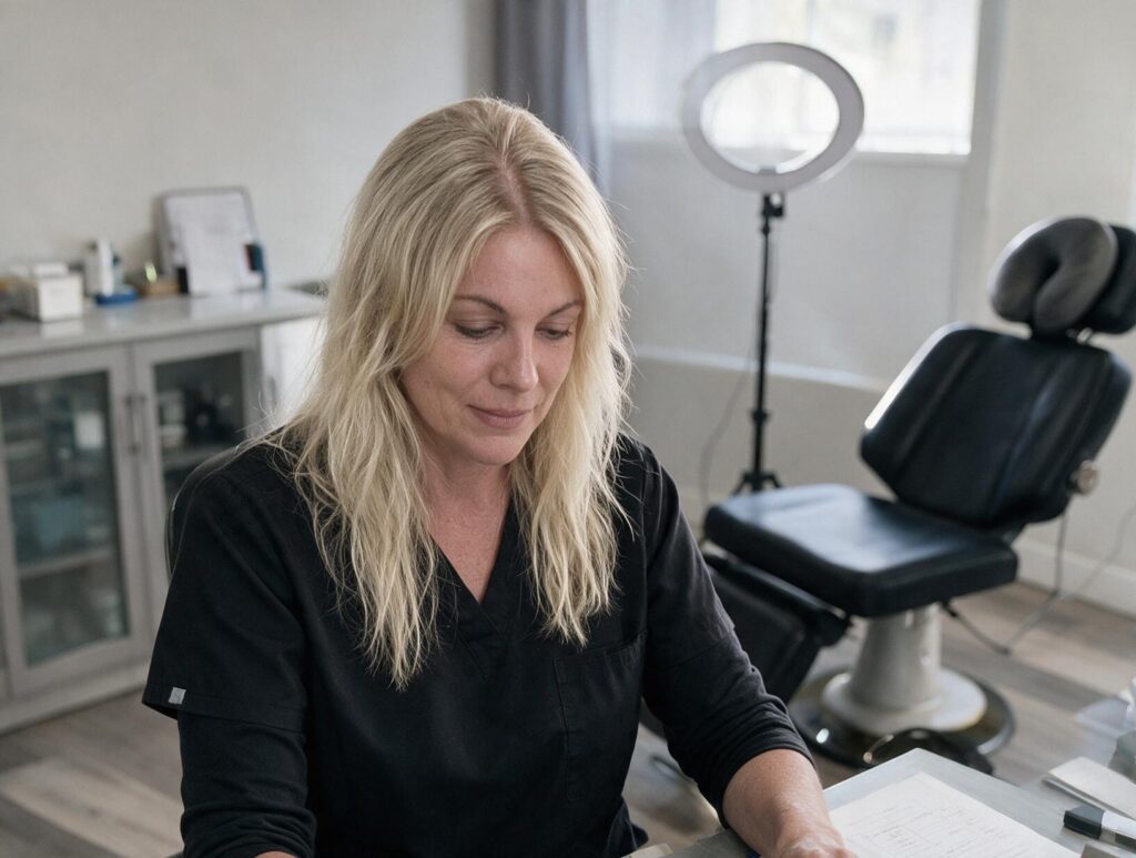 Blonde woman in black scrubs looks down at papers at a desk in a bright room with a black treatment chair and ring light