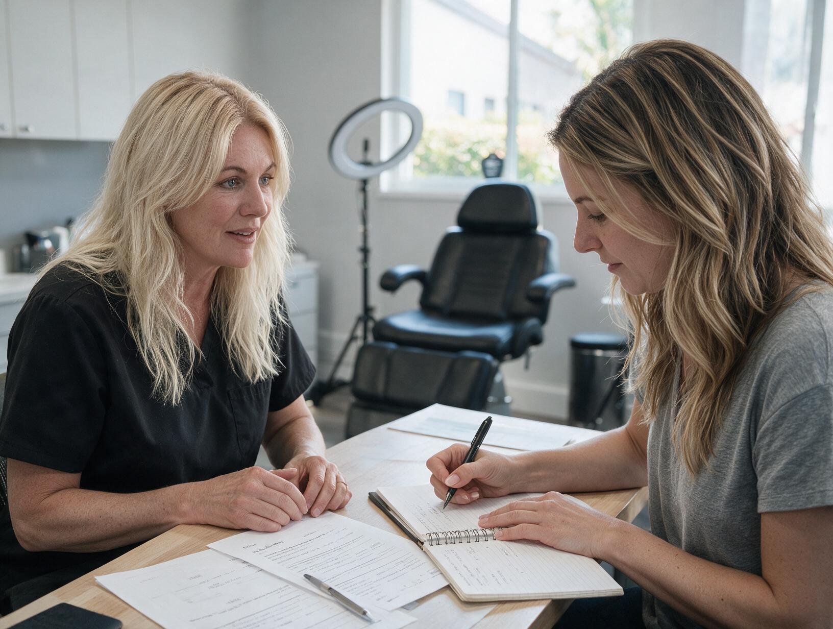 Blonde woman in black scrubs talks with a client who writes in a notebook at a table with papers
