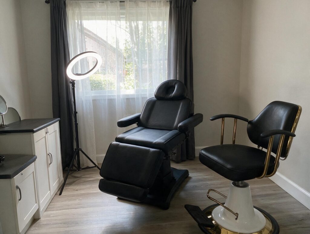 Empty treatment room with a black reclining treatment chair, gold-trimmed swivel chair