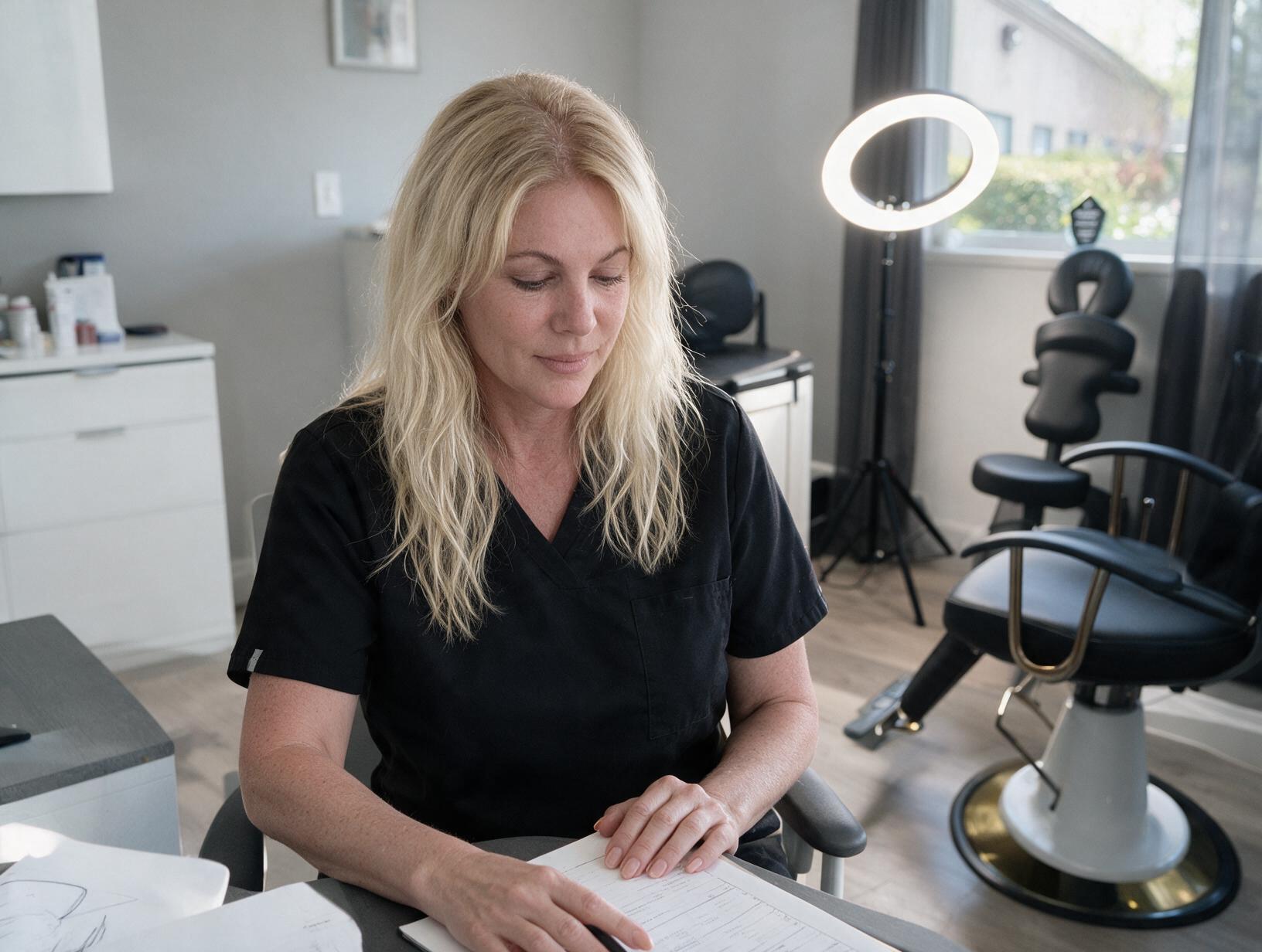 Blonde woman in black scrubs sits at a desk looking down at paperwork